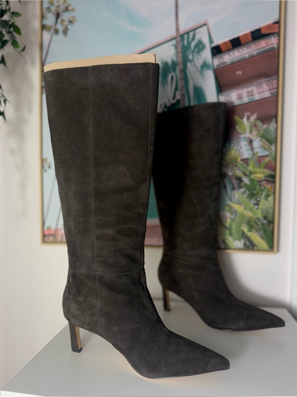 Nine West Lorthey 11M Dark Brown Suede Knee High Pointed Toe Heel Boots New
